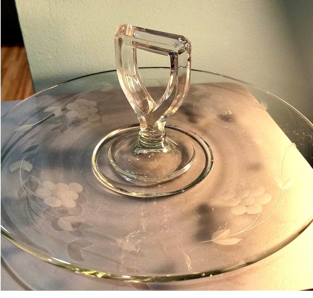 760. Glass Serving Tray Handled Clear Etched Design